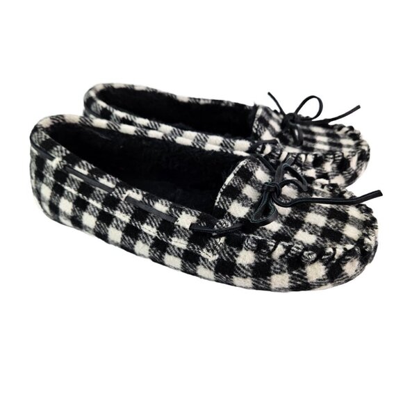 Minnetonka Petra Trapper Black/White Buffalo Plaid Moccasin Loafer Flat 8 44246 - Picture 2 of 10
